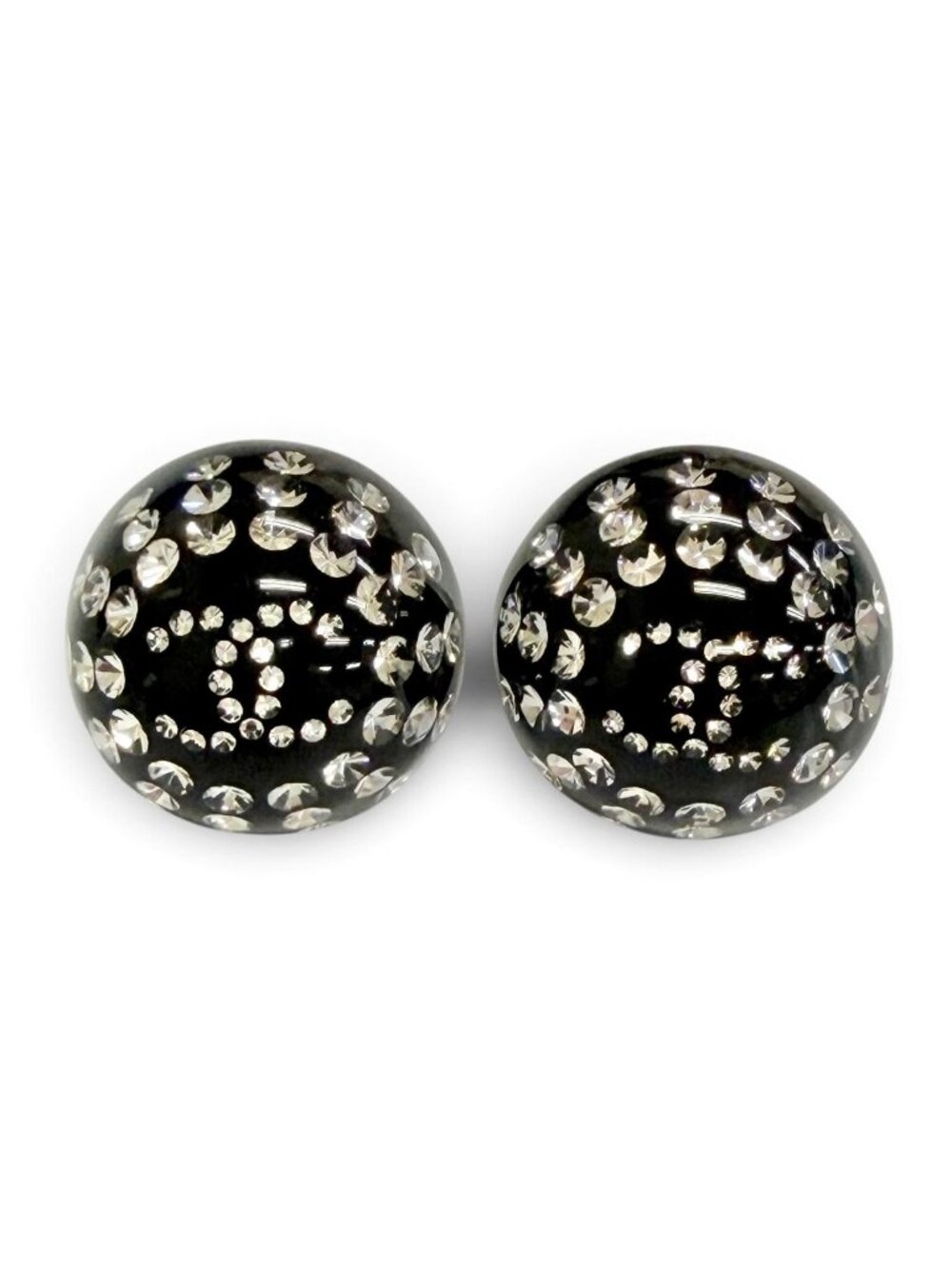 Chanel CC Logo Crystal Rhinestone Monotone Stud Earrings Black